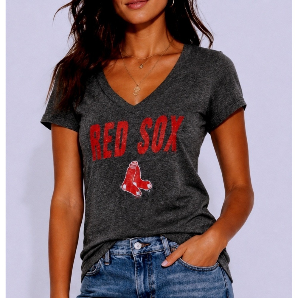 MLB Boston Red Sox Womens V-Neck Graphic T-Shirt Heather Navy Blue Small